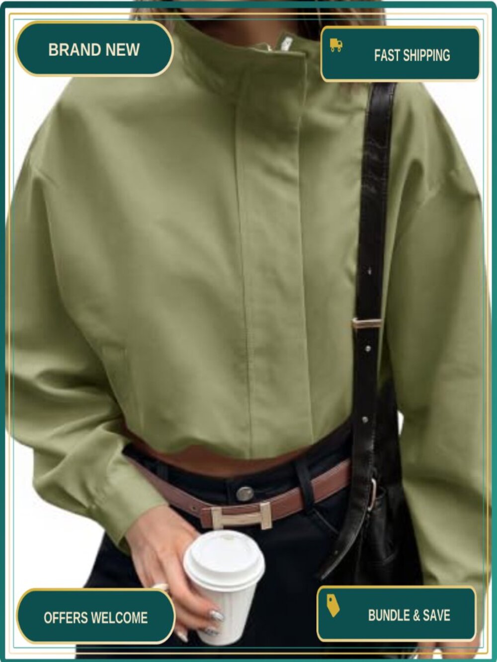 Womens Zip Up Cropped Jacket Stand Collar Lightweight Oversized Casual Coat